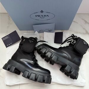 Prada Black Monolith Leather Nylon Combat Boots Womens Sz 39EU w Receipt $1872